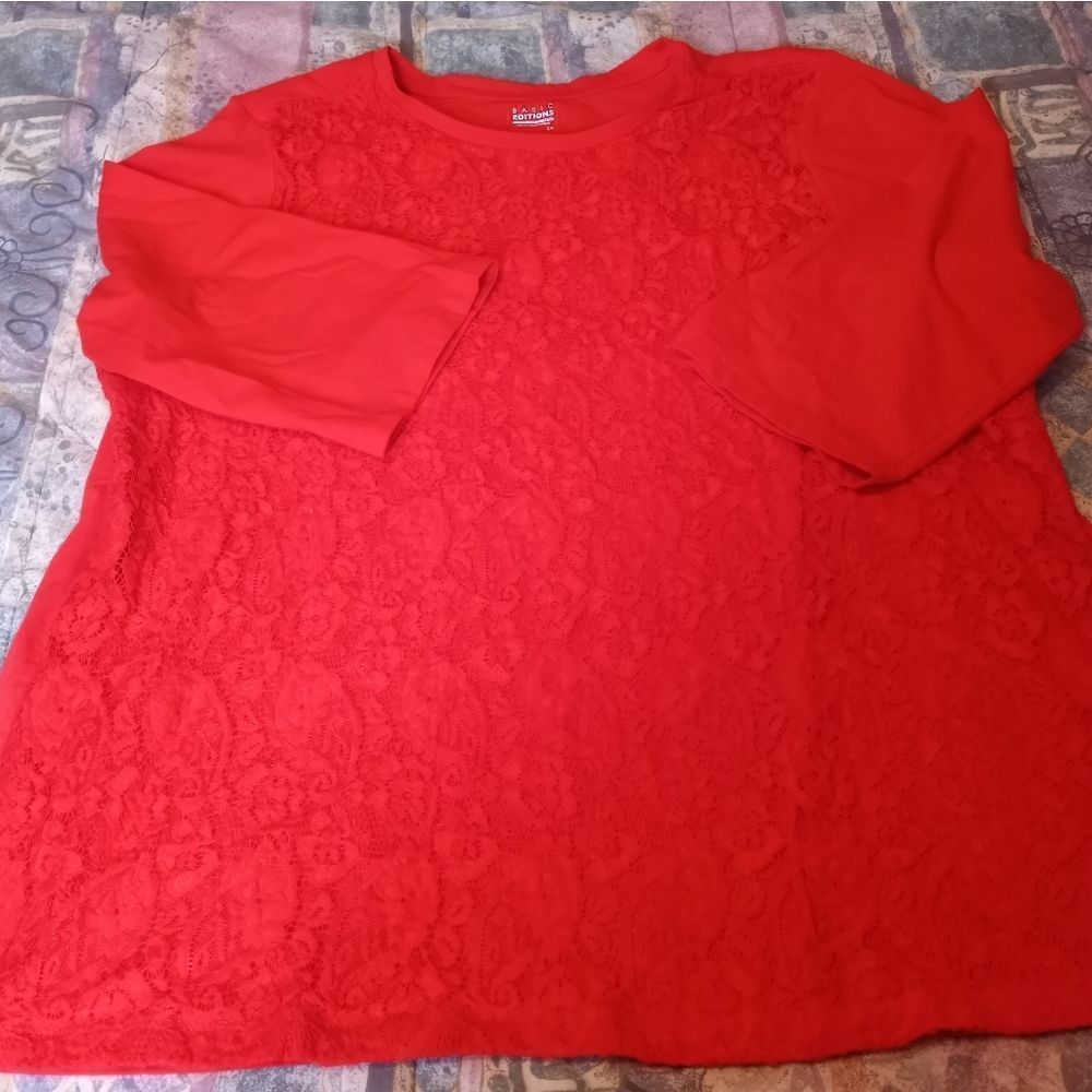 Basic Editions Plus Size 2X Red Lined Lace 3/4 Sleeve Women's Top
